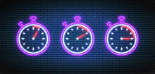 Neon Stopwatch. Timers With 5, 10 And 15 Minutes. Countdown Timer Icons Set. Glowing Bright Clocks. Chronometer Deadline. Vector Illustration. Shiny Indicators.