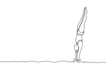 Poster - One single line drawing of young energetic woman diving into the swimming pool after beauty jumping somersault vector illustration. Healthy lifestyle sport concept. Modern continuous line draw design