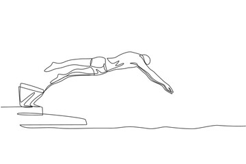 Poster - One single line drawing of young sporty fit swimmer jump to practice swimming in indoor pool sport center vector illustration. Healthy lifestyle and sport concept. Modern continuous line draw design