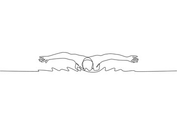 Poster - One continuous line drawing of young muscular professional swimmer man swimming in sport center. Healthy sport and fitness cardio exercise concept. Dynamic single line draw design vector illustration