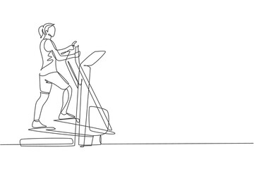 Poster - Single continuous line drawing young sportive woman training with elliptical cross in sport gymnasium club center. Fitness stretching concept. Trendy one line draw design vector graphic illustration