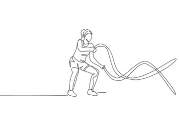Poster - One single line drawing of young energetic woman exercise with battle rope in gym fitness center vector illustration graphic. Healthy lifestyle sport concept. Modern continuous line draw design