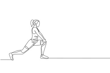 Poster - One single line drawing young energetic woman exercise stretching with lank pose in gym fitness center vector illustration. Healthy lifestyle sport concept. Modern continuous line draw design