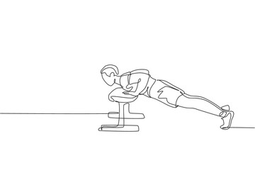 Poster - One single line drawing of young energetic man exercise push up with bench in gym fitness center graphic vector illustration. Healthy lifestyle sport concept. Modern continuous line draw design