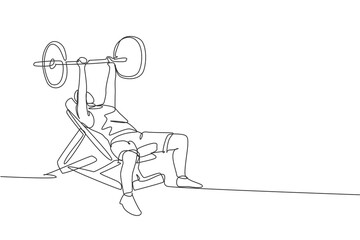 Poster - single continuous line drawing of young sportive man training lift barbell on bench press in sport g