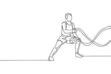 Poster - One single line drawing of young energetic man exercise on battle rope to train endurance in gym fitness center vector illustration. Healthy lifestyle sport concept. Modern continuous line draw design