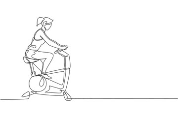 Poster - Single continuous line drawing of young happy woman exercising with static bike in sport center gym club. Sport training fitness concept. Trendy one line draw design vector graphic illustration