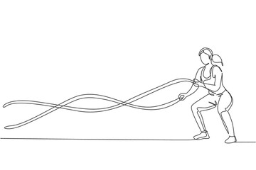 One continuous line drawing young woman training battle rope in fitness training gym. Healthy sport lifestyle concept. Stretching and working out. Dynamic single line draw design vector illustration