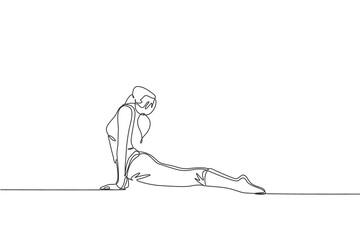 One continuous line drawing young woman training doing back up pose in fitness training gym. Healthy sport lifestyle concept. Stretching work out.  Dynamic single line draw design vector illustration