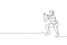 Single Continuous Line Drawing Of Young Happy Woman Exercising Doing Squat Movement In Sport Center Gym Club. Sport Training Fitness Concept. Trendy One Line Draw Design Graphic Vector Illustration