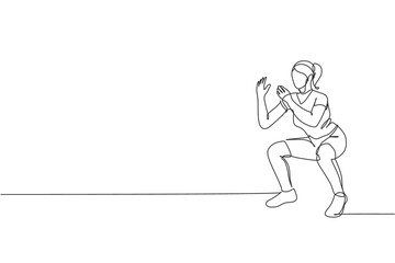 Poster - Single continuous line drawing of young happy woman exercising doing squat movement in sport center gym club. Sport training fitness concept. Trendy one line draw design graphic vector illustration