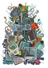 A Big Pile Of Electronic Trash. Old And Obsolete Component And Hardware Pollute Environment. Handmade Sketch. Caricature.