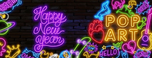 Wall Mural - Pop art neon light sign. Bright signboard, light banner. Vector illustration Pop art icons set. Happy new year in neon style.