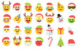 © fim.design - Christmas emoji. Santa Claus emoticon in xmas hat, snowman and funny yellow faces with deer antler headband. Gift box, christmas tree and candy vector icons set