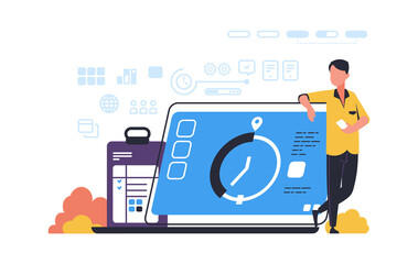 Poster - Time management. Effective planning of working hours. Online application for setting and achieving goals. Optimization timetable or work schedule. Smart technology concept, vector web business planner