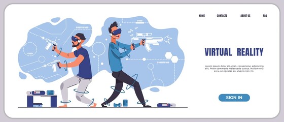 Poster - VR gaming landing page. Augmented reality and virtual 3D entertainment. Website with cartoon teenagers playing video games in smart glasses. Interface template with buttons, vector screen design