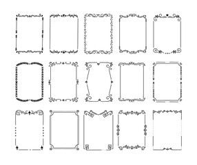 Poster - Vintage borders. Elegant decorative frames with floral and geometric elements, ornamental templates for greeting cards. Isolated collection of calligraphic outline square dividers, vector retro set