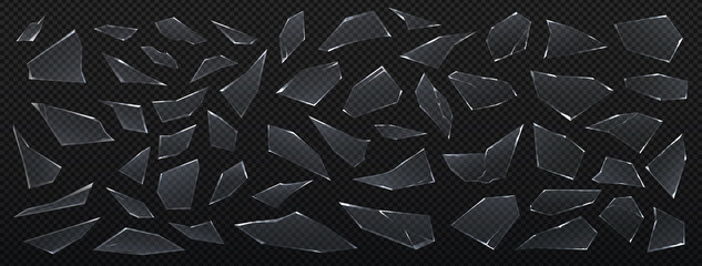 Glass pieces. Realistic sharp shards, 3D isolated parts of broken window on transparent background. Ice glossy fragments with cracks or damaged in car accident windshield. Vector shiny crystal set