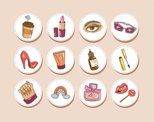 Wall Mural - Set of round beauty makeup stickers. Cosmetic items and girly stuff. Lipstick, mascara, perfume, manicure, cream, nail polish. Colored doodle style. Vector fashion stickers, patches, badges