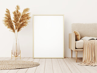 Aufkleber - Vertical frame mockup in warm living room interior with beige sofa, pillows, plaid, dried Pampas grass, wicker rug and boho style decoration on empty wall background. 3D rendering, illustration