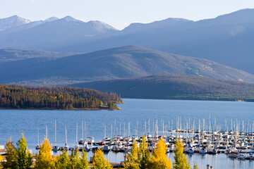 dillon marina autumn - sail boats docked at dillon marina on dillon reservoir in autumn with arapaho