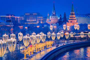 christmas moscow. embankment in capital of russia. new year's decorations on moscow embankment. russ