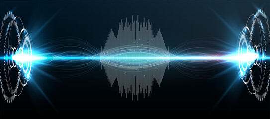 Voice recognition, equalizer, audio recorder. Microphone button with sound wave. Symbol of intelligent technology. Hi-tech AI assistant voice, background wave flow, equalizer. Vector illustration