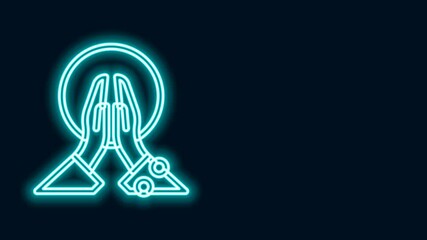 Poster - Glowing neon line Meditation icon isolated on black background. 4K Video motion graphic animation