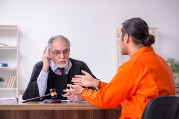 Wall Mural - Old male judge meeting with young captive in courthouse