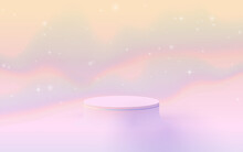 3D Soft Pink Circle Podium Display On Fantasy Sky Pastel Color Background. Vector Illustration