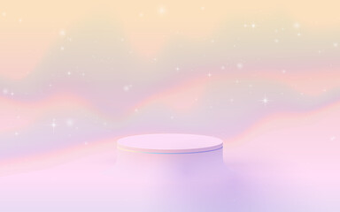 Poster - 3D soft pink circle podium display on fantasy sky pastel color background. Vector Illustration
