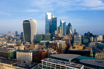 This panoramic photo of the City Square Mile financial district of London shows many iconic skyscrapers including the newly completed 22 Bishopsgate tower