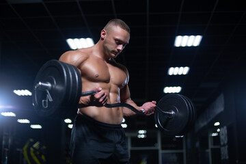 Wall Mural - Muscular sexy bodybuilder is working out doing weight lifting of the barbell in gym