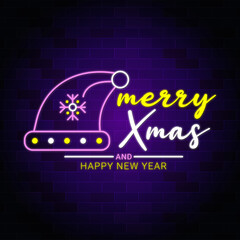 Merry Christmas and happy new year concept neon design with Santa Claus hat.