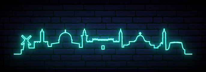 Blue neon skyline of Jerusalem. Bright Jerusalem City long banner. Vector illustration.