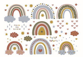 Poster - Modern set rainbow clipart in scandinavian style on a white background. Cute vector design for baby shower, decoration kids playroom, textile, postcard.