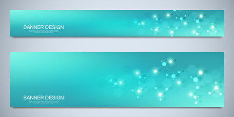 Wall Mural - banners design template with molecular structures and neural network. abstract molecules and genetic
