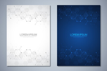 Template brochure or cover book, page layout, flyer design with molecular structures background and chemical engineering. Concept and idea for innovation technology and science.