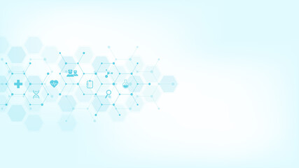 Wall Mural - Healthcare and medical background with flat icons and symbols. Template design with concept and idea for healthcare technology, innovation medicine, health, science and research.