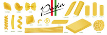 Bannière D’une Collection De Pâtes Italiennes Sur Un Fond Blanc Avec En Légende Le Nom De Chaque Forme.