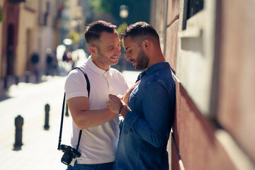 Gay couple in a romantic moment outdoors