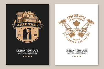 Cleaning company covers, invitations, posters, banners, flyers. Vector. Vintage typography design with cleaning equipments. Cleaning service template for company related business