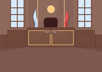 Wall Mural - Supreme courthouse flat color vector illustration. Legal procedure. Criminal law. Legislation system. Trial process. Empty court room 2D cartoon interior with judge stand on background