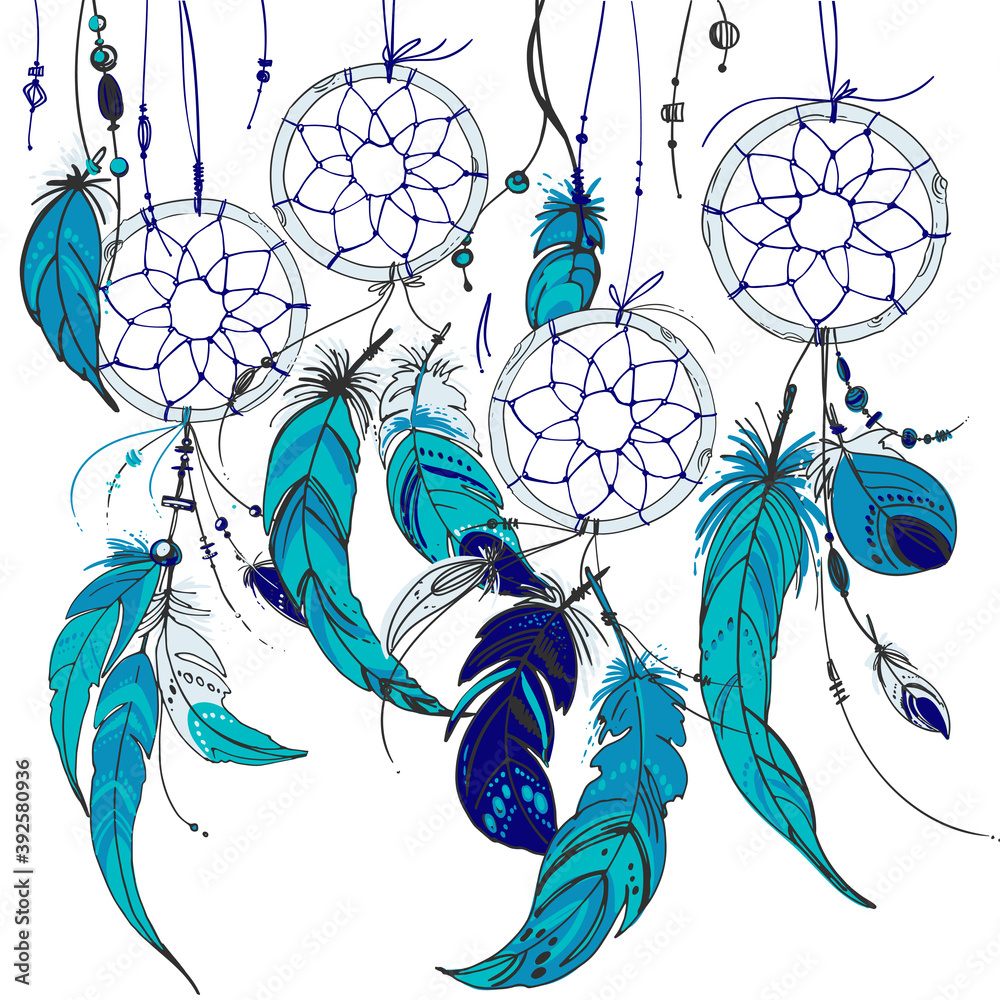 Dreamcatcher, Set of ornaments, feathers and beads. Native american ...