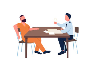 Poster - Detective interrogating criminal flat color vector faceless characters. Prisoner with officer. Evidence on desk. Crime investigation isolated cartoon illustration for web graphic design and animation