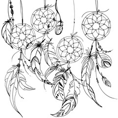 Wall Mural - Dreamcatcher, Set of ornaments, feathers and beads. Native american indian dream catcher, traditional symbol. Feathers and beads on white background. Vector decorative elements hippie.