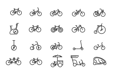 Bicycle types vector linear icons set. Outline symbols pack with editable stroke. Collection of simple 20 bicycle types icons isolated contour illustrations. bmx, touring, dirt, female bike.