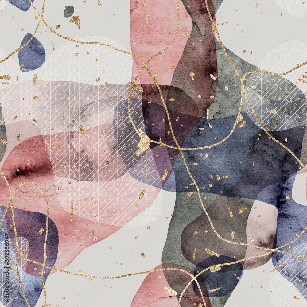 Seamless minimalist abstract watercolor paint and gold blobs shapes ...