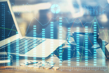 Multi exposure of chart and financial info and work space with computer background. Concept of international online trading.