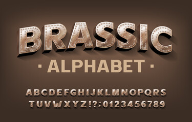 Fototapete - Brassic alphabet font. Steampunk scratched letters and numbers with rivet. Stock vector typescript for your design.